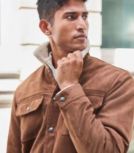 NEXT Brown Faux Suede Borg Collared Trucker Jacket
