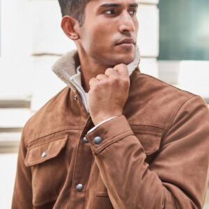 NEXT Brown Faux Suede Borg Collared Trucker Jacket