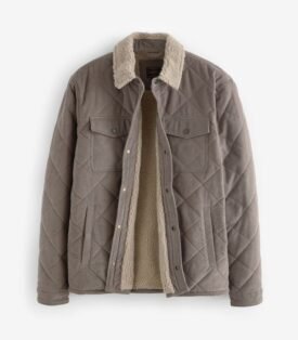 NEXT Stone Natural Borg Lined Diamond Quilt Cord Shacket