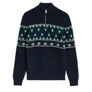 M&S Men's Navy & Green Fair Isle Funnel Neck Zip Up Jumper