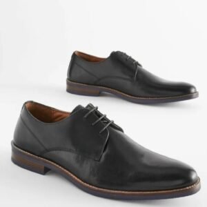 Black Leather Derby Shoes with Navy Contrast Sole