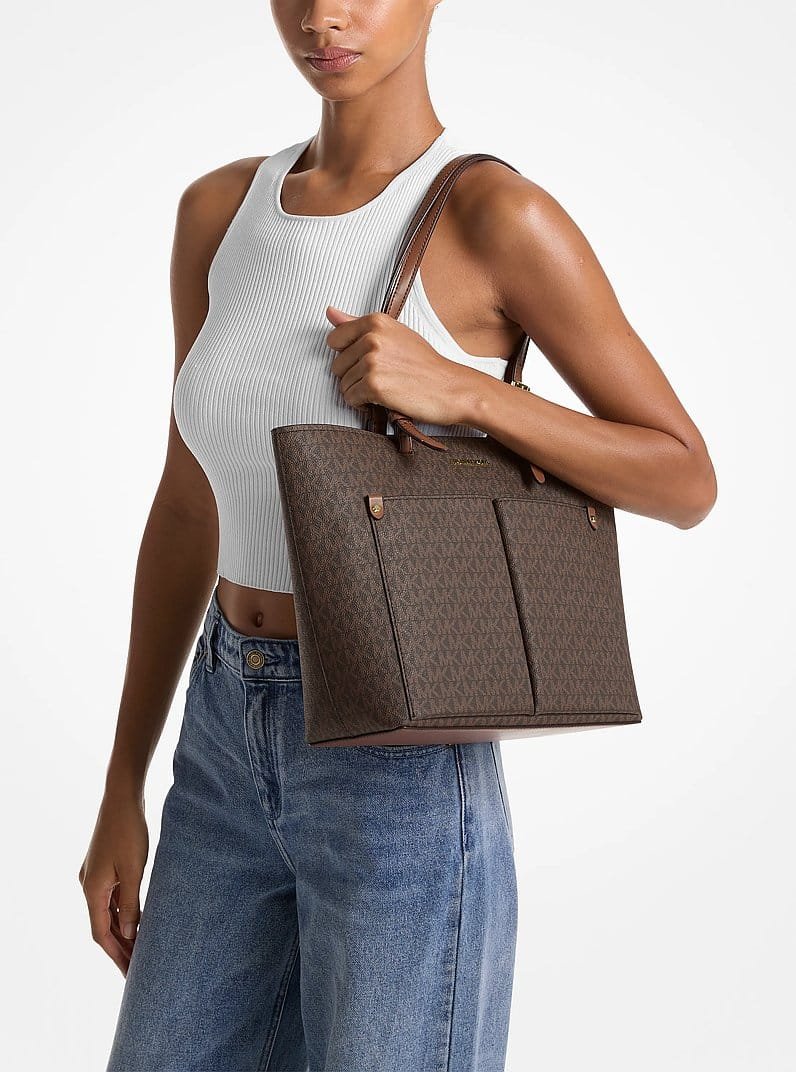 Michael Kors Jet Set Travel Medium Double Pocket Tote Vegan Leather Brown MK - Image 2