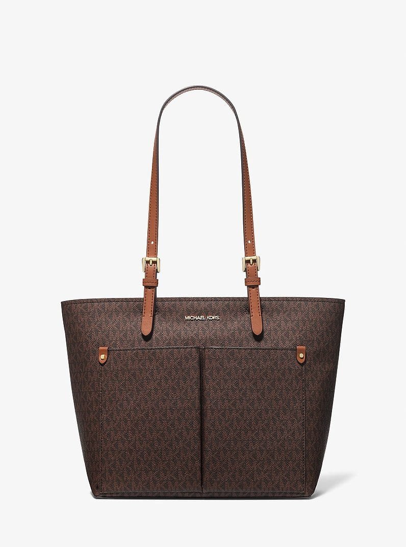Michael Kors Jet Set Travel Medium Double Pocket Tote Vegan Leather Brown MK