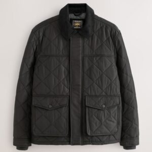 Black Shower Resistant Diamond Quilt Corduroy Collared Jacket
