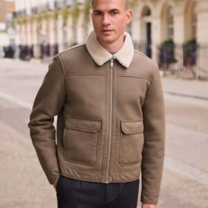 Next Brown Borg Lined Faux Leather Collared Jacket