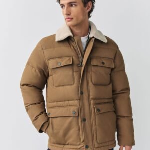 Next Tan Brown Canvas Worker Puffer Jacket With Borg Collar